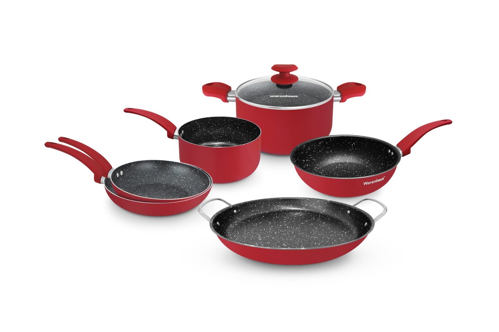 7861187912844 SET 7PCS MERIDIANO ROJO, SARTEN 20CM, SARTEN 24CM,  PEROL 20CM, WOK 28CM, OLLA 24CM + TAPA, PAELLERA 35CM WARENHAUS 7 UNIDADES