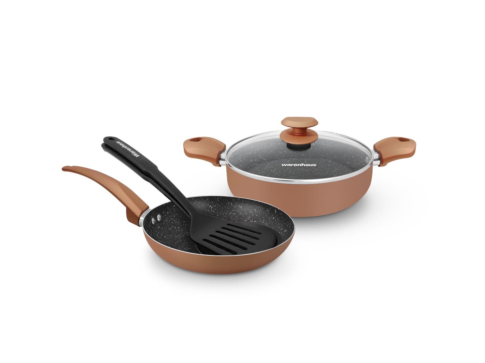 7861187912721 SET COCINA MERIDIANO COBRE 3PCS OLLA BAJA 24CM + SARTEN 24CM + 2 UTENSILIOS (ESPATULA + ESPUMADERA)