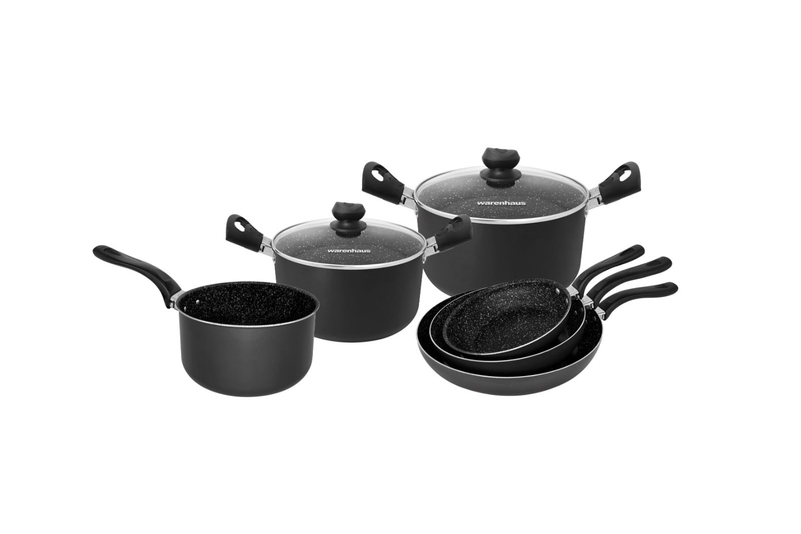 7861187913148 SET MERIDIANO PLUS NEGRO - SARTENES 18,22,26 + PEROL 18 + OLLA 18 CON TAPA + OLLA 22 CON TAPA WARENHAUS
