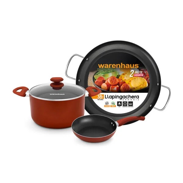 7861187913599 SET ARMONIA ROJO 4  PCS, PAELLERO 38 CM, OLLA 28 CM+ TAPA  + SARTEN 20 CM WARENHAUS